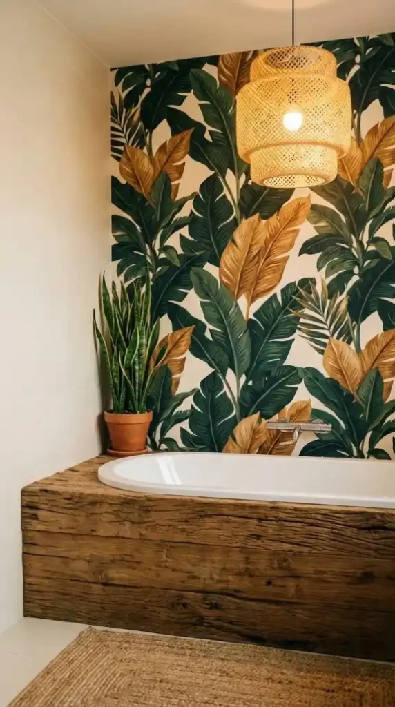 oversized-tropical-leaves-in-deep-forest-green-and-warm-ochre-on-a-cream-background-creating-a-lush-jungle-layer-on-the-wall