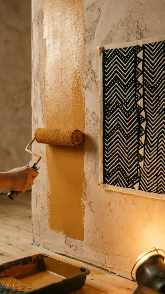 Warm-ochre-paint-roller-applied-to-textured-plaster-wall