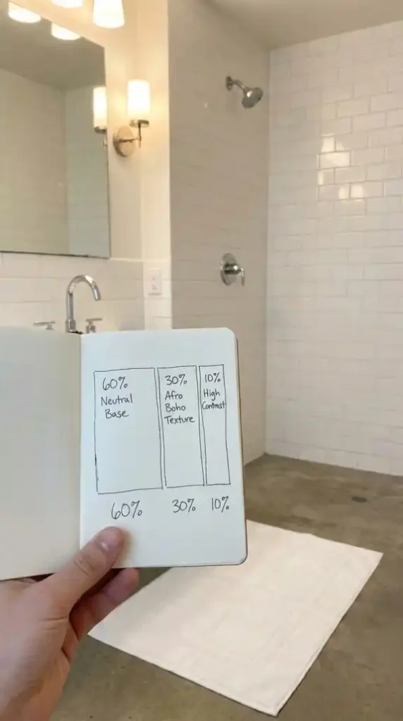 plain white tile walls, chrome fixtures, a standard white bath mat, no open shelving visible
