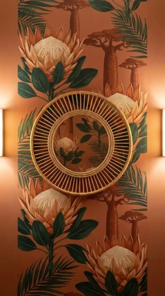 protea-flowers-sculptural-artichoke-forms-baobab-silhouettes-palm-fronds-forest-green-burnt-orange-cream-terracotta-background