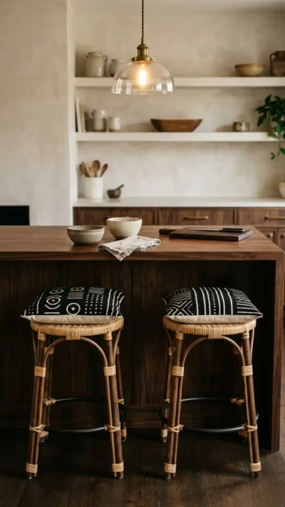 Two-rattan-cane-bar-stools-at-dark-wood-Afro-Bohemian-kitchen-island