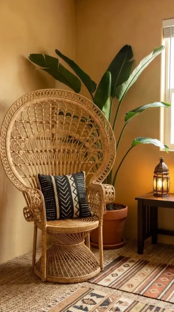 Rattan-peacock-chair-in-reading-nook-with-mud-cloth-cushion-placed