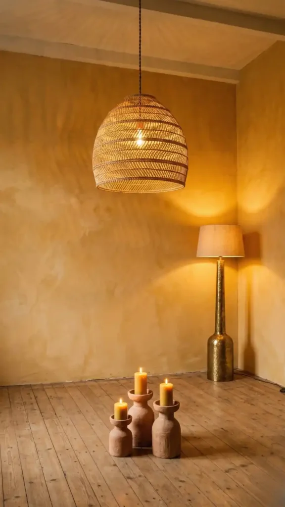 Bare-living-room-with-only-rattan-pendant-and-brass-floor-lamp