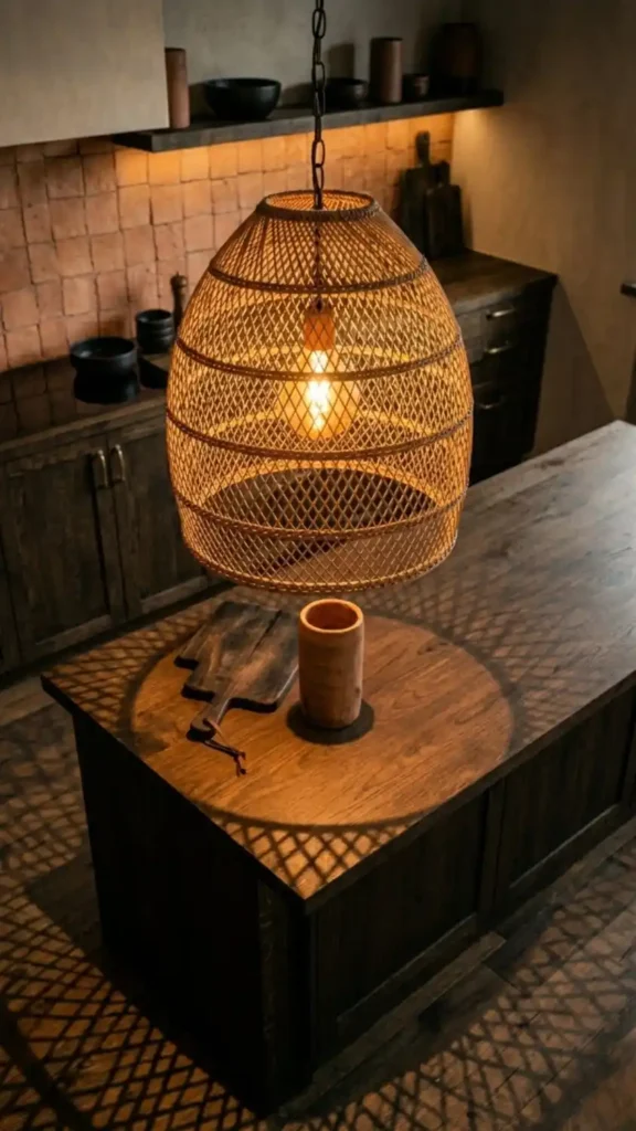 Large-rattan-pendant-casting-geometric-shadows-over-dark-wood-island