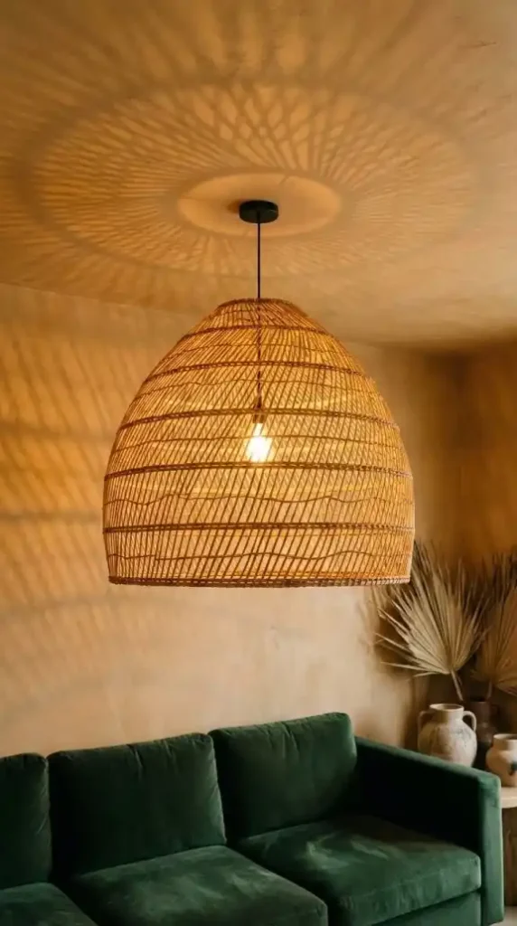 Oversized-rattan-pendant-casting-geometric-shadows-on-ochre-ceiling
