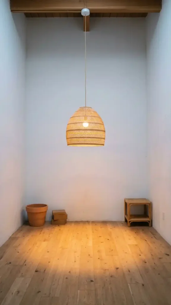 Warm-amber-rattan-pendant-light-glowing-in-bare-room