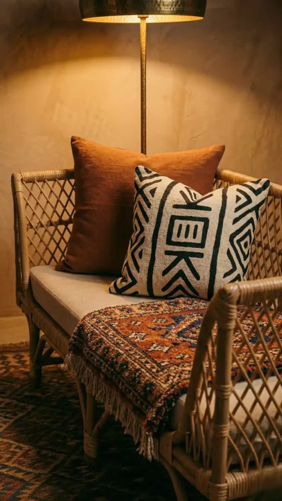 Rattan-sofa-layered-with-linen-mud-cloth-and-wool-textiles