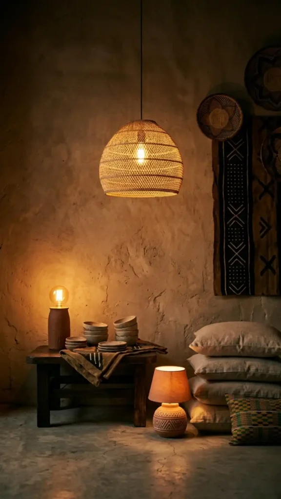 evening-view-of-a-rattan-pendant-light-and-terracotta-lamp-glowing-beside-soft-linen-cushions