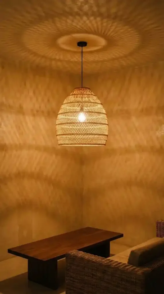 rattan-woven-pendant-light-installed-in-a-room-with-warm-ochre-plaster-walls