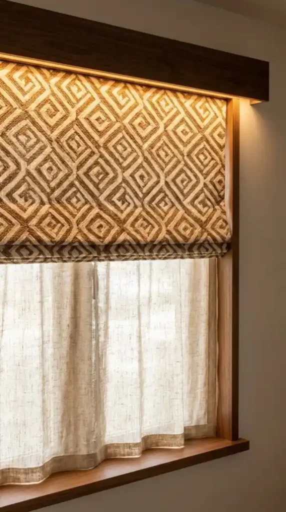Kuba-cloth-inspired-window-panel-with-raw-linen-cafe-curtains-filtered-light