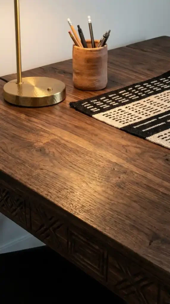 Reclaimed-dark-walnut-desk-with-brass-lamp-and-terracotta-vessel