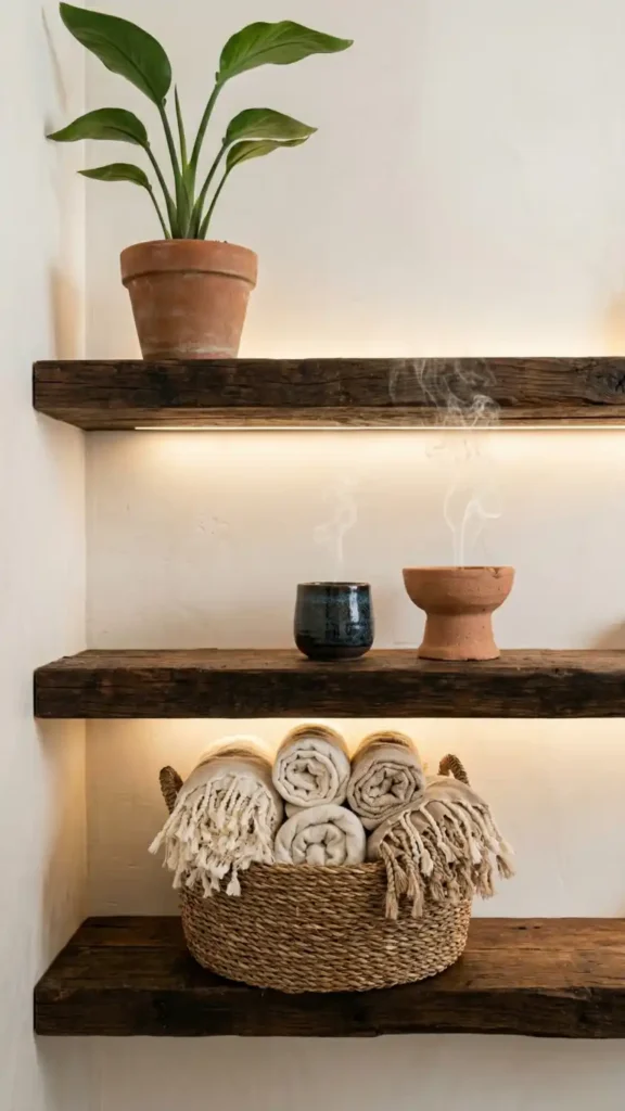 reclaimed dark wood bathroom shelving being styled in sequence