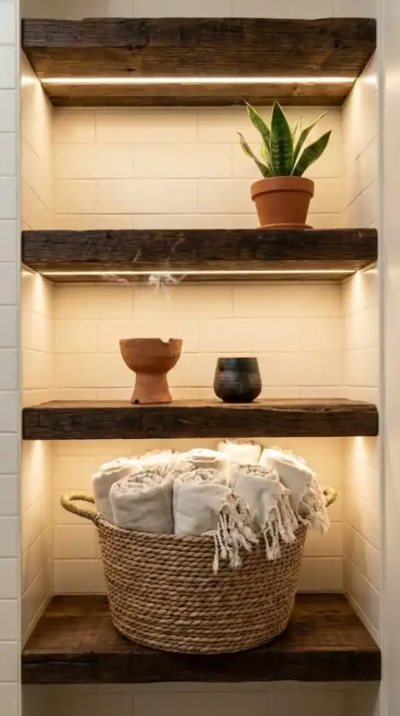 reclaimed-dark-wood-open-shelving-cream-tile-bathroom-wall
