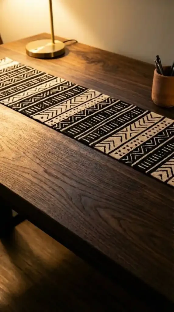 Mud-cloth-runner-brass-lamp-and-terracotta-vessel-on-walnut-desk