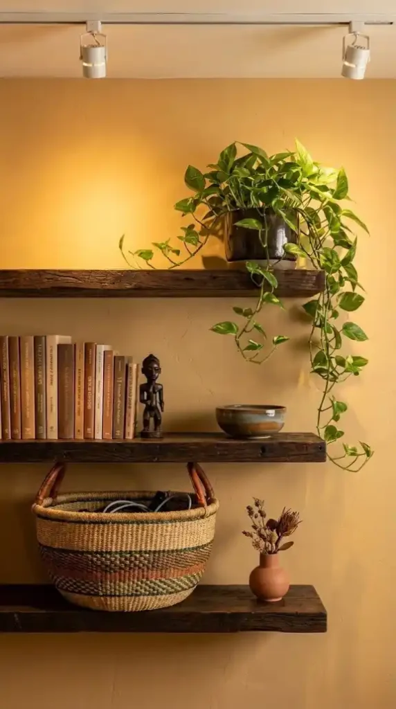 Dark-floating-shelves-with-Bolga-basket-books-and-trailing-pothos