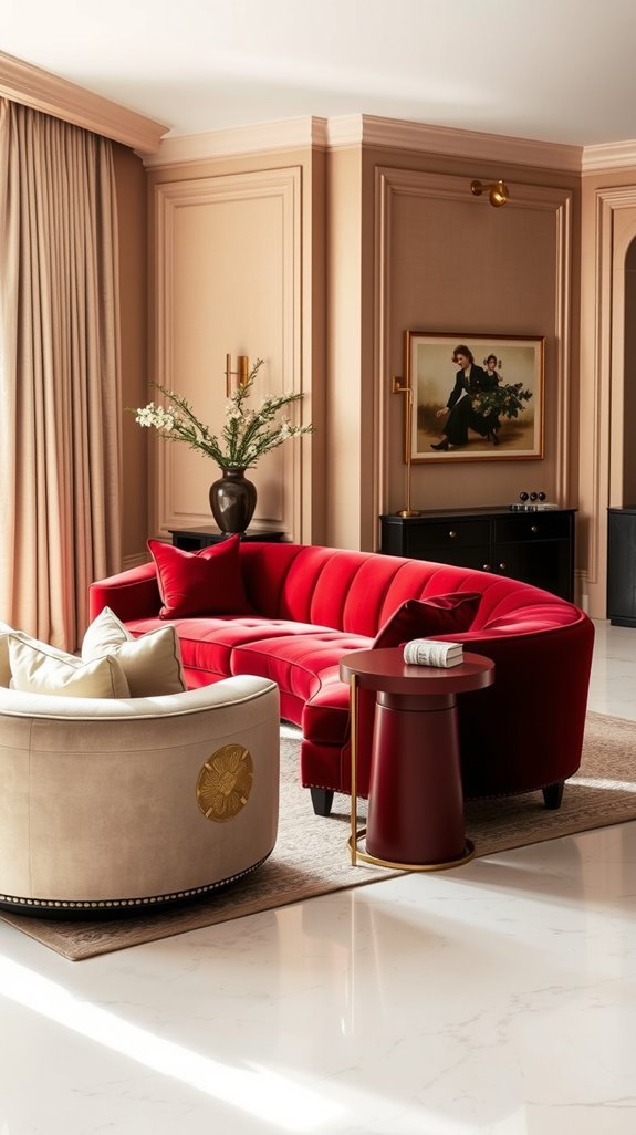 red accents anchor luxury interiors