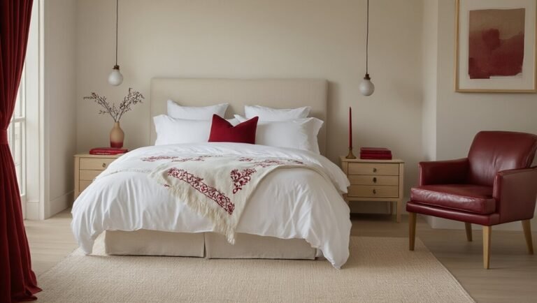 red accents neutral bedroom balance