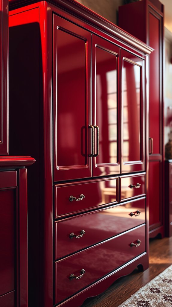 red lacquered statement cabinet anchors room
