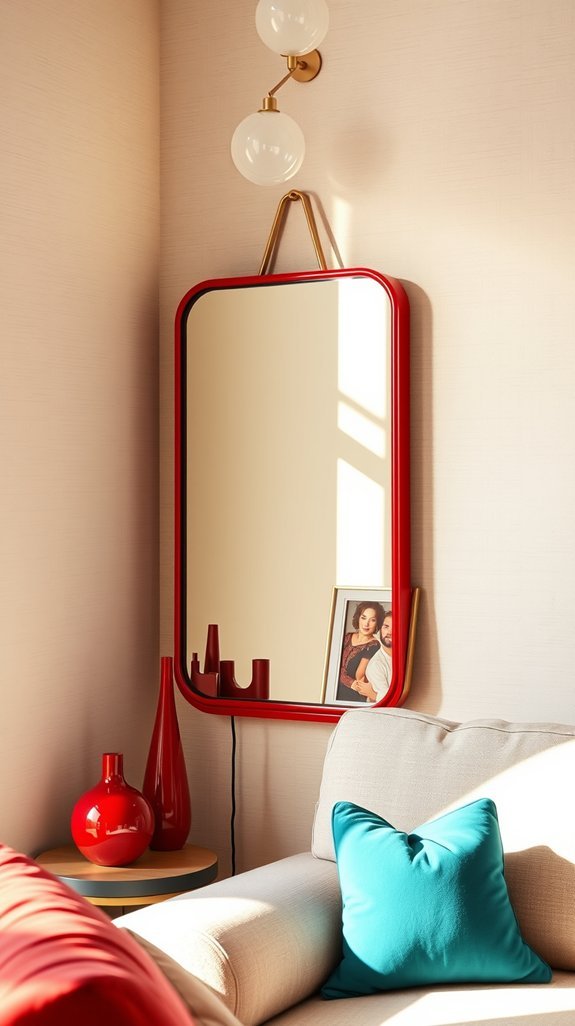 red metal wall mirror adds depth