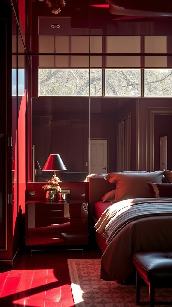 reflective surfaces brighten burgundy interiors