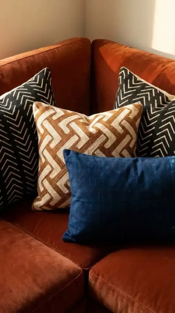 Three-African-textile-cushion-covers-on-rust-velvet-sofa-surface