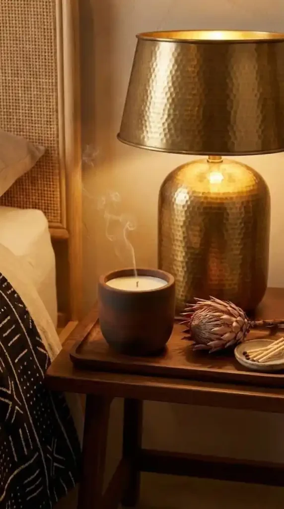 sandalwood-candle-in-a-dark-unglazed-terracotta-holder-in-the-foreground-with-a-thin-smoke-wisp-rising