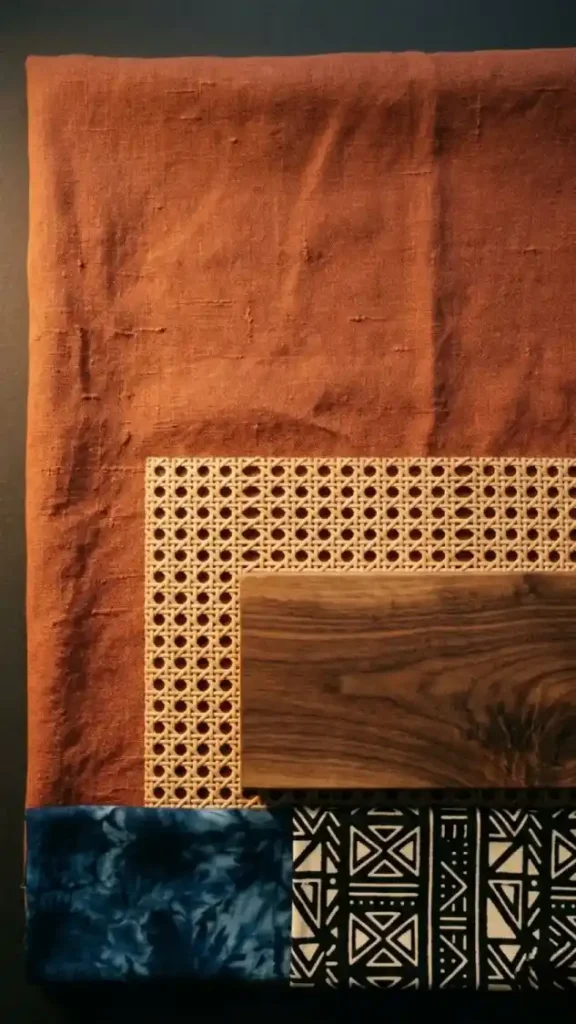 Terracotta-linen-rattan-and-mud-cloth-Afro-Bohemian-earth-palette-flat-lay