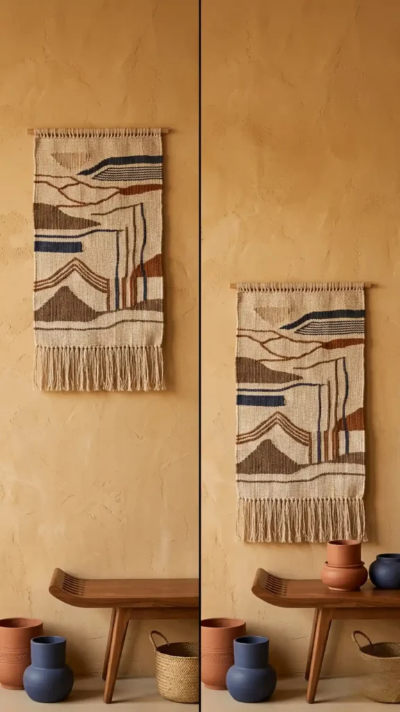 Woven-tapestry-hung-high-versus-low-on-ochre-wall