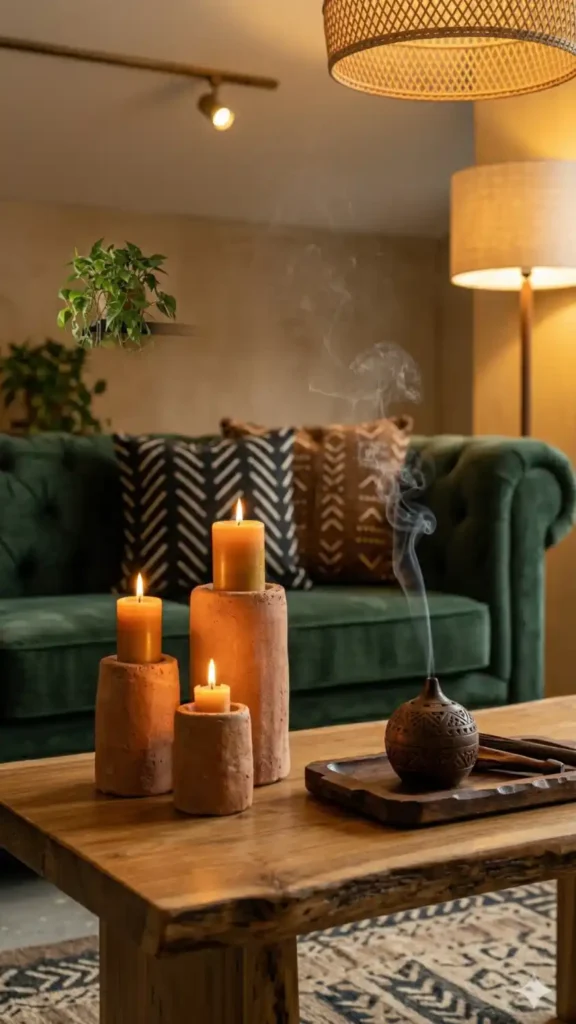 Terracotta-candle-holders-and-sandalwood-incense-on-teak-coffee-table