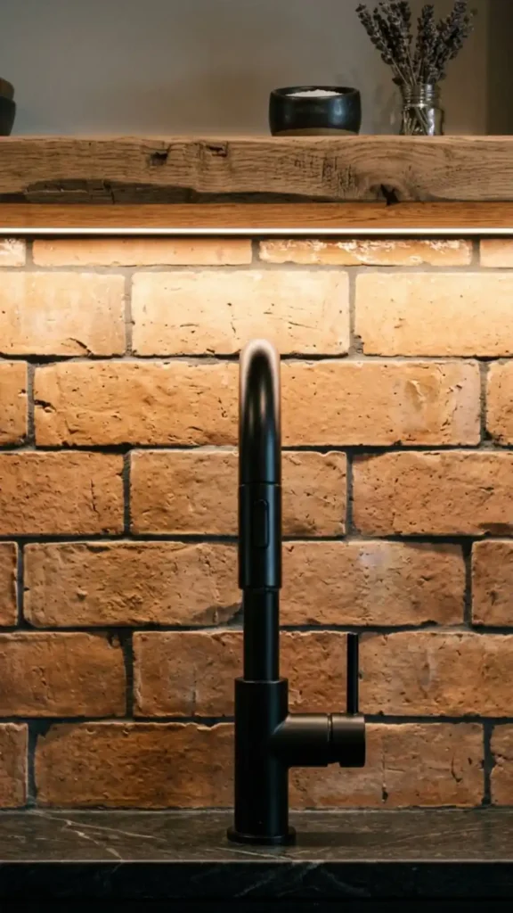 Terracotta-handmade-subway-tile-backsplash-with-matte-black-kitchen-faucet