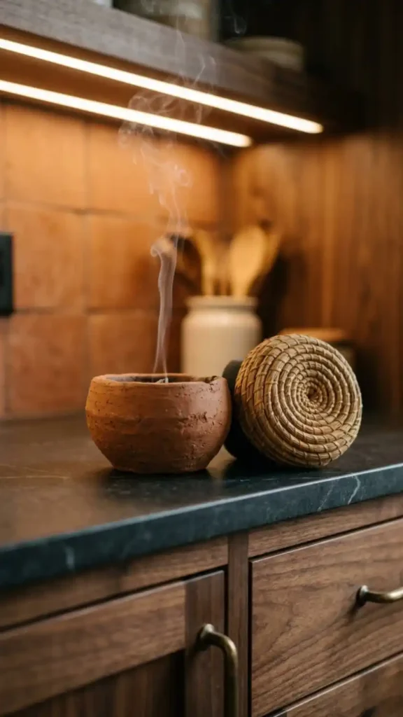 Terracotta-incense-burner-beside-coiled-grass-basket-on-kitchen-counter-edge