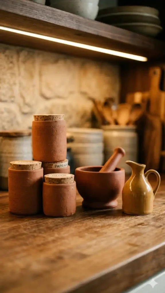 Terracotta-spice-jars-clay-mortar-and-ceramic-oil-pourer-counter-grouping