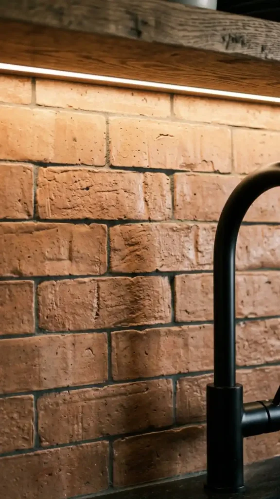Handmade-terracotta-tile-backsplash-with-warm-amber-under-shelf-lighting