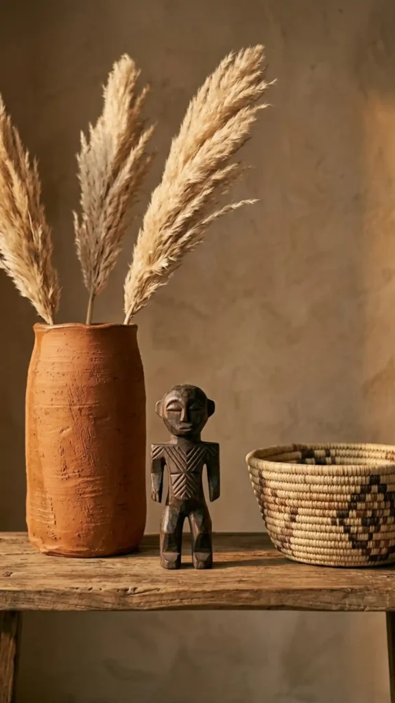 tall-terracotta-vessel-with-pampas-beside-a-dark-wood-figurine-and-coiled-grass-basket-on-shelf