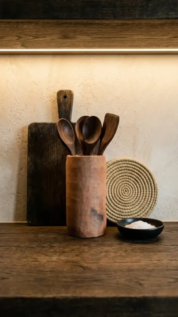 Afro-Bohemian-kitchen-counter-with-terracotta-vessel-and-wood-board