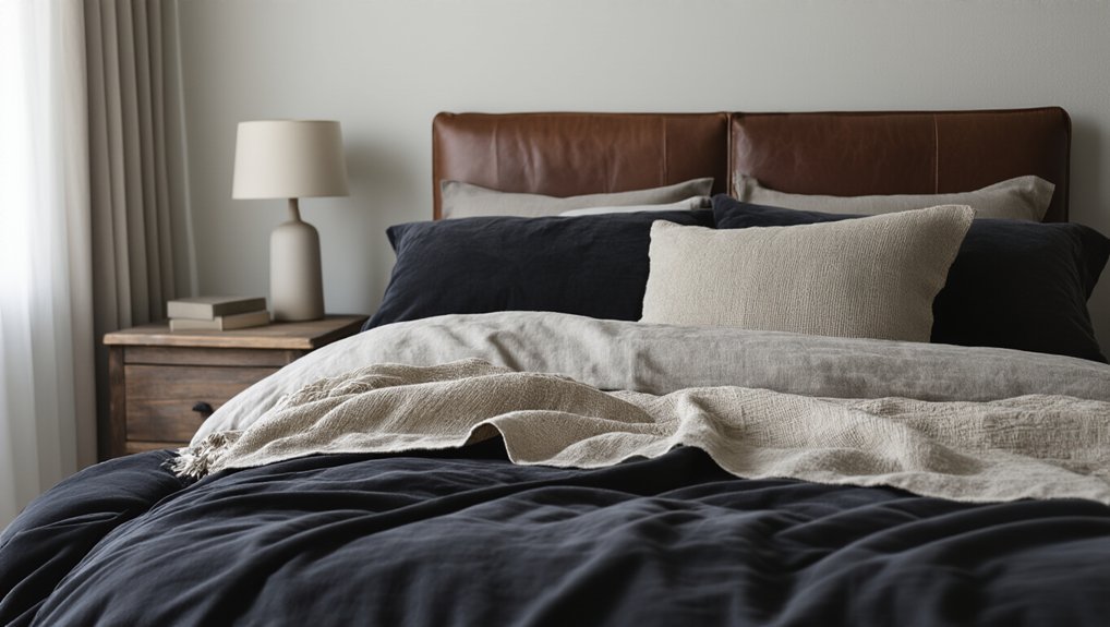 texture layering for dark bedroom velvet linen leather