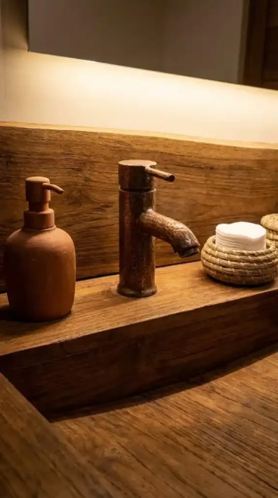 the-deep-wood-grain-visible-across-the-vanity-top-and-face-a-hammered-copper-faucet-mounted-at-center
