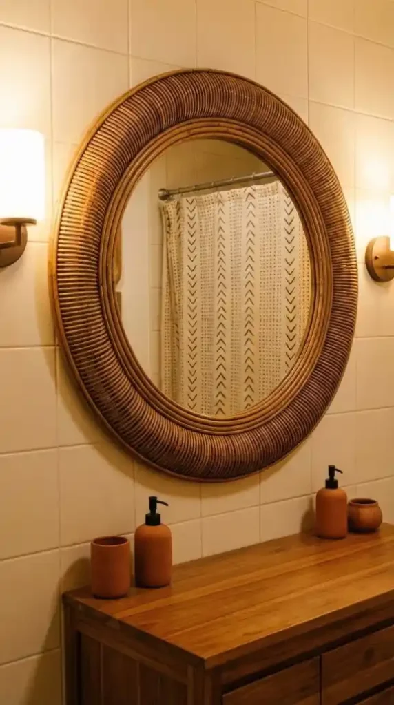 the-rattan-weave-frame-visible-at-full-detail-the-mirror-surface-reflecting-the-mud-cloth-shower-curtain-and-the-terracotta-objects