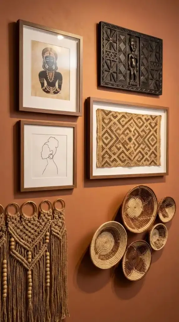 Tonga-baskets-carved-ebony-and-jute-macramé-mounted-on-gallery-wall