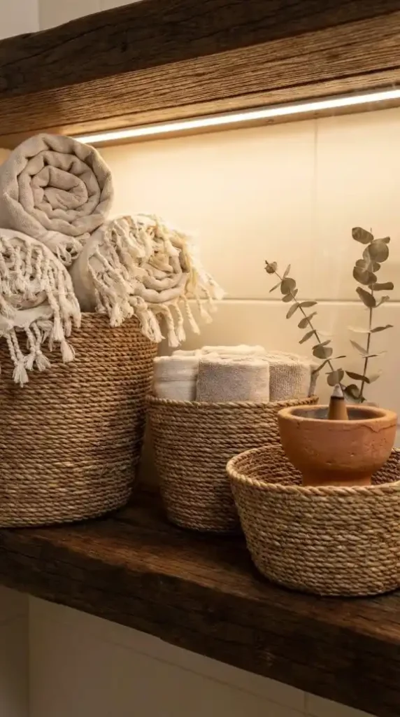 three-seagrass-baskets-graduated-sizes-reclaimed-dark-wood-bathroom-shelf
