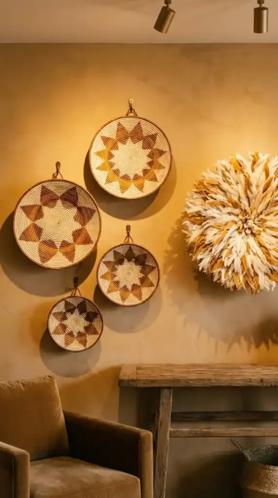 Five-Tonga-baskets-arranged-asymmetrically-beside-mounted-Juju-hat