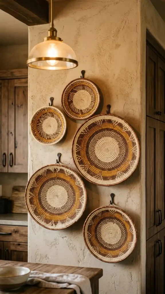 Five-Tonga-baskets-in-asymmetric-cluster-on-warm-sand-plaster-wall