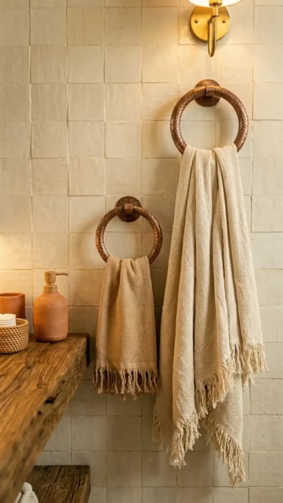 turkish-cotton-towels-with-natural-fiber-fringe-hanging-on-hammered-copper-towel-rings-on-a-warm-cream-tile-bathroom-wall