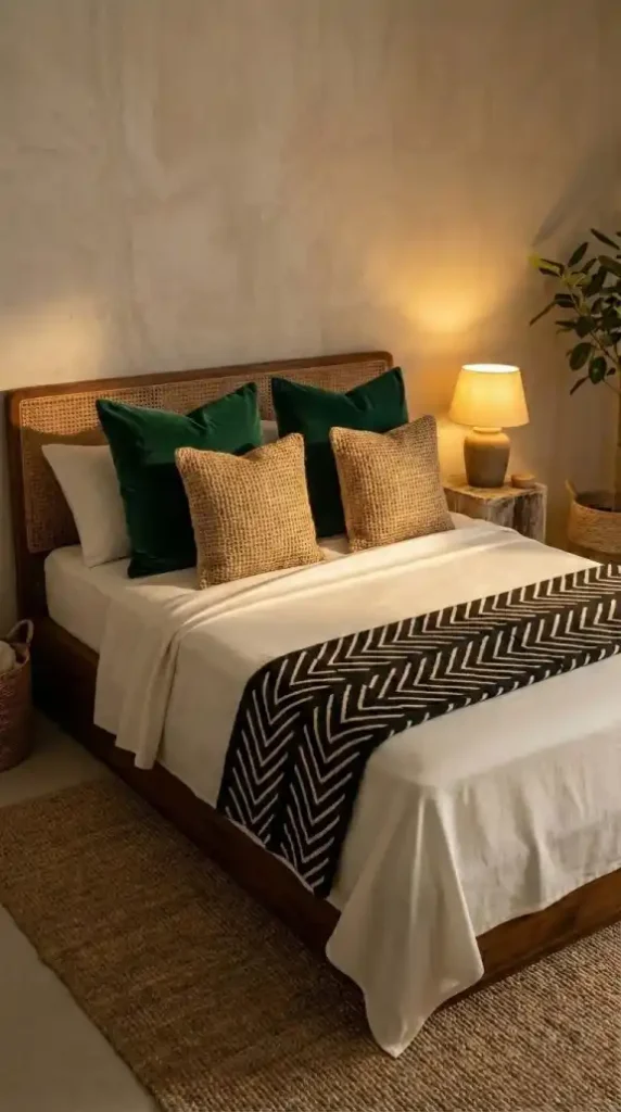 two-deep-emerald-velvet-euro-pillows-stacked-at-the-headboard-behind-two-rough-jute-cushions-in-natural-fiber