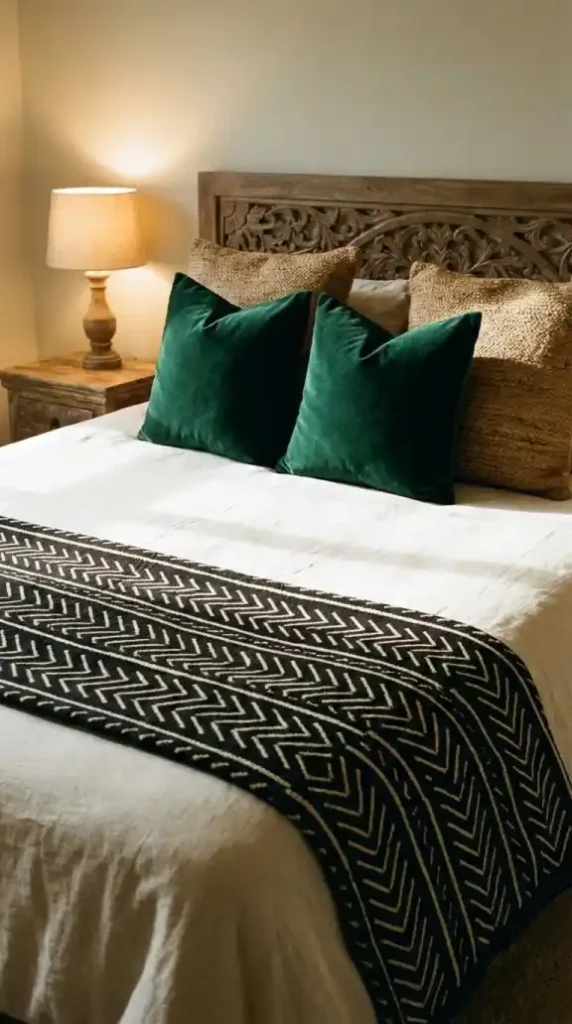 two-deep-emerald-velvet-pillows-stacked-against-the-headboard-two-rough-jute-cushions-beside-them