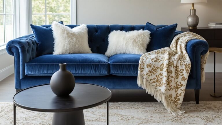 velvet blue sofa centerpiece styling