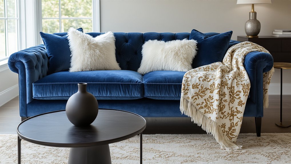 velvet blue sofa centerpiece styling