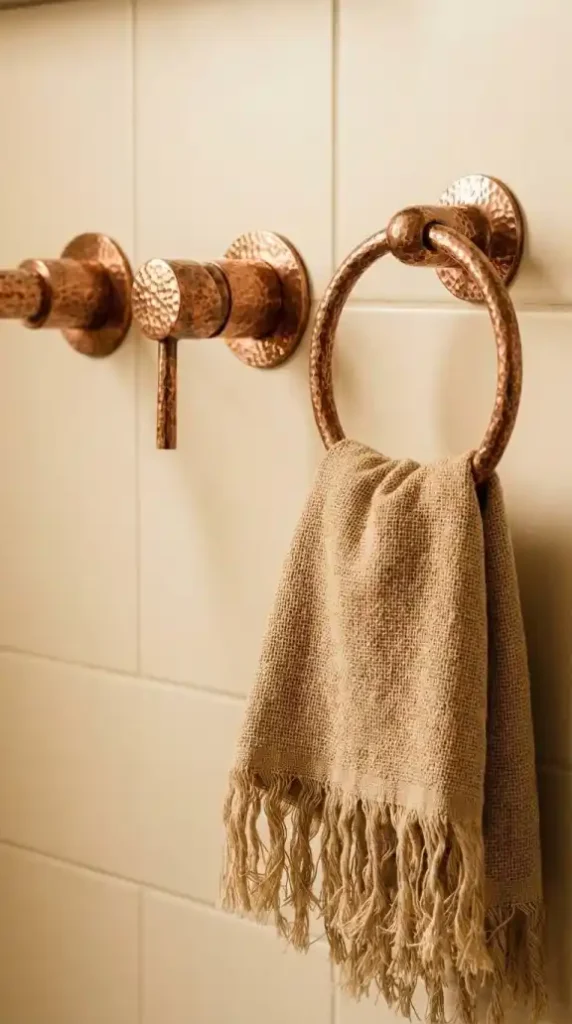 wall-mounted-hammered-copper-faucet-and-a-matching-hammered-copper-towel-ring-on-a-warm-cream-tile-wall