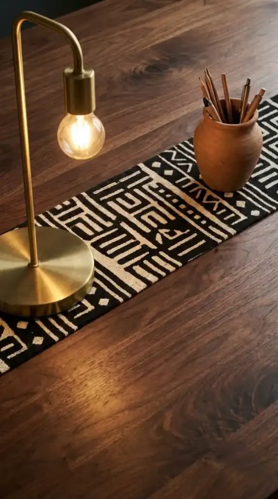 Complete-three-object-desk-with-brass-lamp-terracotta-and-mud-cloth