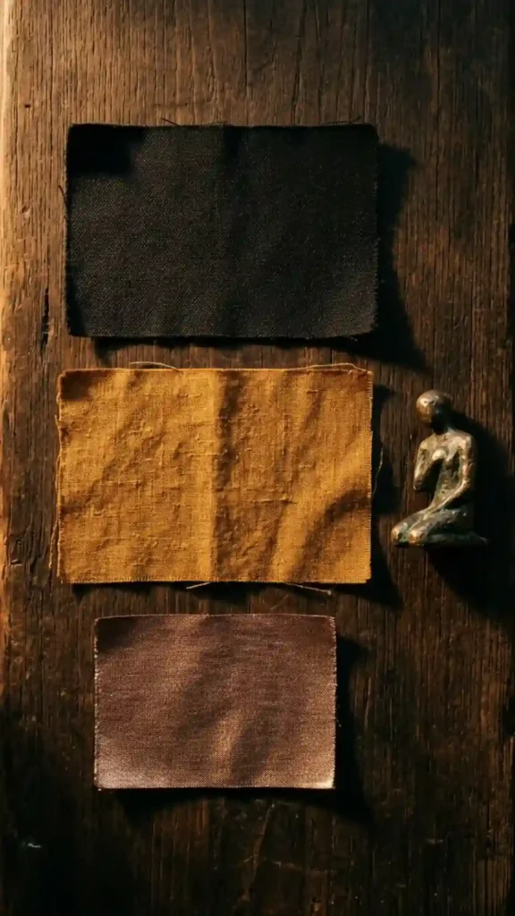 warm-black-canvas-deep-ochre-linen-small-bronze-metallic-fabric-swatch